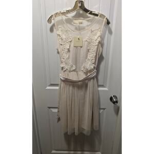 NEW! A’reve Lace Beige Floral Sleeveless Dress Belted Waist Sz. L Spring Summer